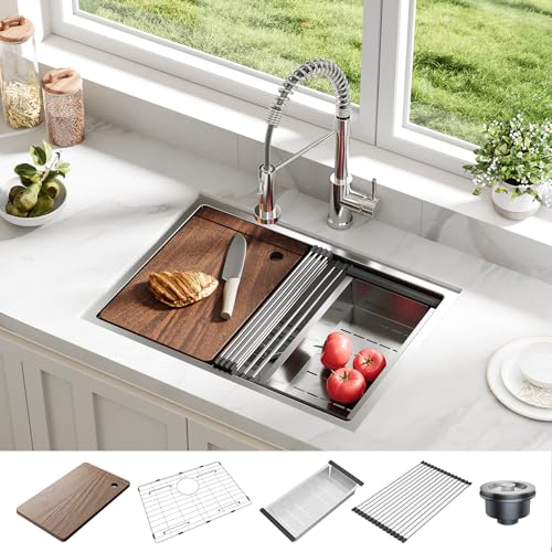 GarveeHome Undermount Kitchen Sink, 23x18 Inch Stainless Steel Kitchen- Single Bowl Sinks, Modern Top Mount 16 Gauge Workstation Sink-with Accessories for Bar, Silver (Not Included Faucet)