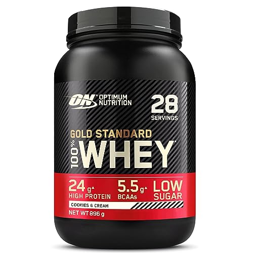 Optimum Nutrition Gold Standard 100% Whey, Proteína en Polvo para Recuperacíon y Desarrollo Muscular con Glutamina Natural y Aminoácidos BCAA, Sabor Cookies & Cream, 28 Dosis, 896 g