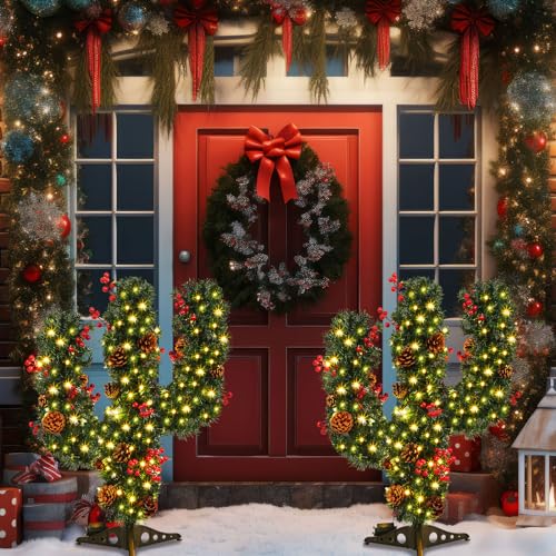 Meooeck LYN-MEOOECK-861 2 Pcs Cactus Christmas Tree 2.5 Ft Pre Lit Artificial Mini Christmas Tree Red Berries Pine Cones Xmas Decor Holiday Decoration thumb #5