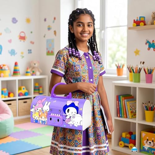 Image of WORSHIPER New Cartoon Theme Pencil Box with Push Pull Eraser Set for Kids | Suitcase Style Password Lock Stationery Organizer | School Supplies Gift Combo for Boys & Girls (Kuromi Purple + Eraser)