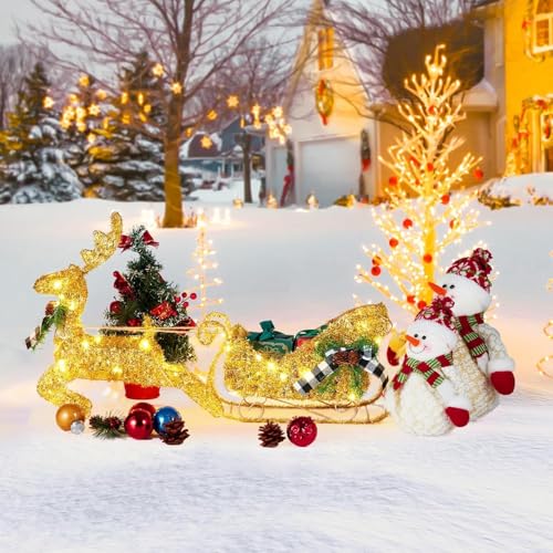GAOMON Gold Reindeer Christmas Decor, Metal Frame Christmas Reindeer with Sleigh, Tabletop Reindeer Statue Christmas Decor, Lighted Deer Figurine, Battery Operated Glittering Xmas Holiday Party Supply