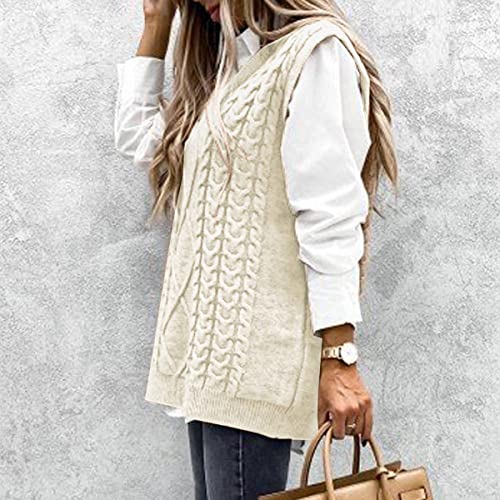 Hyipels Sweater Vest Women Cable Oversized Knitted Sleeveless V Neck Casual Sweaters Tank Top #TOP1