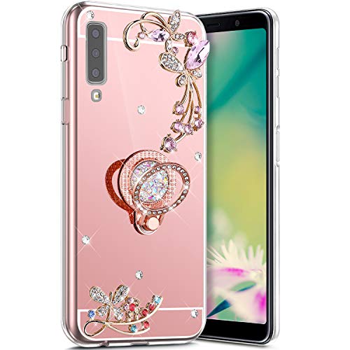 Robinsoni Case Compatible with Samsung Galaxy A7 2018 Phone Case Silicone TPU Cover Galaxy A750 Flexible Case 360 Degree Rotation Ring Case Kickstand Cover Sparkle Bling Cover Gel Soft Case Rose Gold
