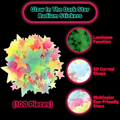 Image of Party Propz Glow in Dark Stars Radium Wall Sticker - Pack of 100 Pcs, Wall Decor Stars Radium Sticker for Kids Room & Bedroom | Night Glow Decorative Wall Sticker