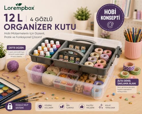 Saklama Kutusu, Lorempbox 12 L 4 Gözlü Organizer Hobi ve Düzenleme Kutusu