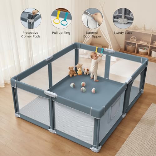 Image of Foldable Baby Playpen - 71 inchx59 inch Collapsible Play Pen for Babies and Toddlers - Indoor Outdoor Foldable Play Yard with 4 Handles - Folding Baby Playpen with Bag Portable Travel Play Yard