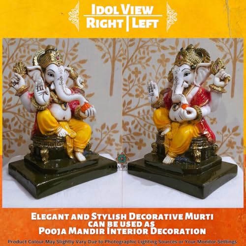 Image of Marble Lord Ganesha Idol on Singhasan - 7 Inch Multicolor Glossy Ganpati Murti for Home Pooja Room, Decorative Showpiece & Gift (13x10x18 cm)