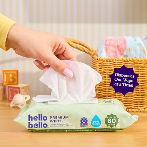 Image of Hello Bello Premium Wipes, Designed for Sensitive Skin with Chamomile & Aloe Extracts, Simply Sage (18 Resealable Packets = 1080 Total Wipes)