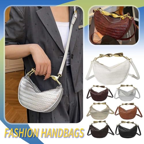 Straw Shoulder Bag Fashion Woven Handbag with Metal Handle for Women (Coffee)2