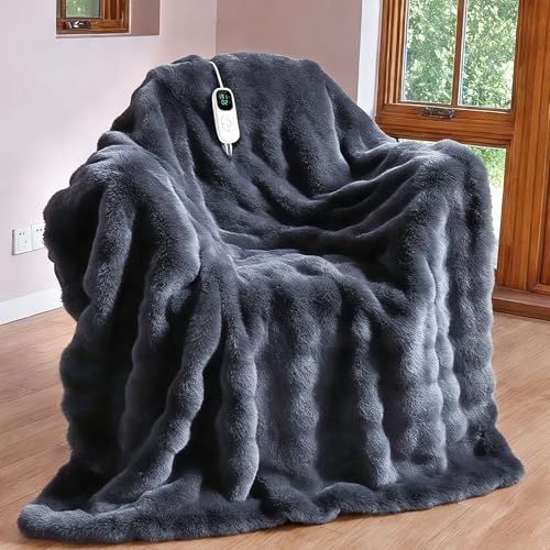 Image of IUUI Electric Heated Blanket Twin 62''x84'',Luxury Faux Rabbit Fur Heating Blanket,Fast Heating with 1 /2 /4 /6 /8 /10 Hours,Overheat Protection, Quick Heating, Memory Function, Gift-Ready Design