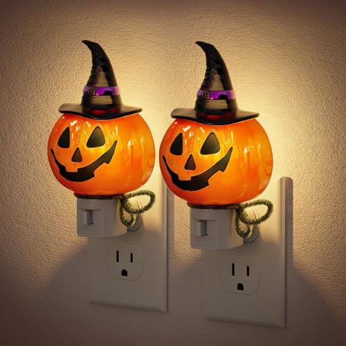 Image of JandCase Pumpkin Night Light, 2 Pack 3000K Night Lights Plug into Wall | Cute & Funny Halloween Night Light for Kids, Plug in Pumpkin Nightlight with 360 Rotatable for Halloween Party Decor
