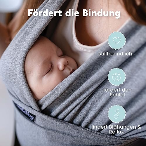 CuddleBug Babytragetuch ab Geburt bis 36 Monate (3,2-15,8 kg) - Kuscheliges & Elastisches Tragetuch Baby, Verstellbar von XS bis XXL, Stillfreundlich & Einfach zu Binden (Grau)