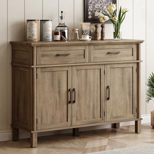 Image of ONBRILL 48 Inch Buffet Cabinet with Storage, Farmhouse Sideboard Buffet w /2 Drawers and 3 Doors, Coffee Bar Cabinet with Adjustable Shelves, Sideboard Storage for Kitchen, Living Room, Washed Grey
