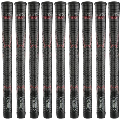 Winn DriTac Standard 2.0 Golf Grip -Bundle of 09 - Winn Standard Size Golf Grips 52DT-JBK STANDARD SIZE, Jet Black with Red design. Dri Tac Performance 2.0