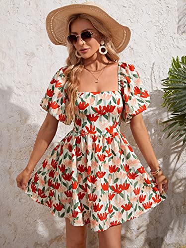 Image of Aahwan Multicolor Solid Boho Bohemian Vacation Floral Flower Print Square Neck Puff Sleeve Elegant Dress for Women's & Girl's