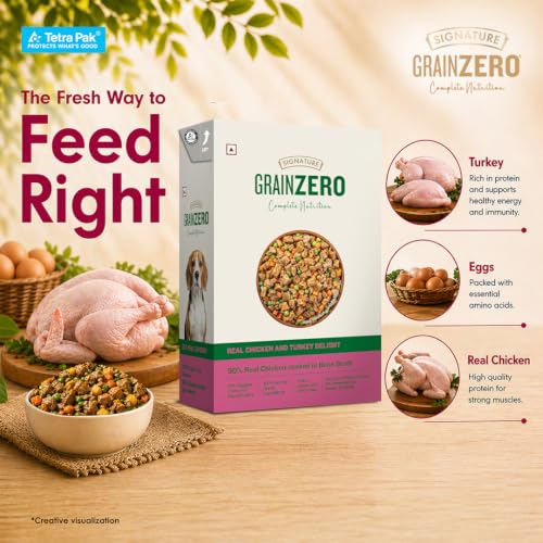 Image of Grain Zero Dog Fresh Food Tetra Pak Real Chicken & Turkey Delight, for Adult & Puppy, 350g | Supports Joint & Health | Anti-Inflammatory Properties | Ready to Serve | One Pack One Meal (Pack of 5)