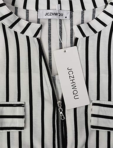 Female Sexy Deep Zip V Neck Roll Tab Sleeve Loose Office Tunic Tops Mandarin Collar Curved Hem Flattering Fit Blouses And Shirts Boutique Clothing For Women Black White Stripe Xl #TOP3