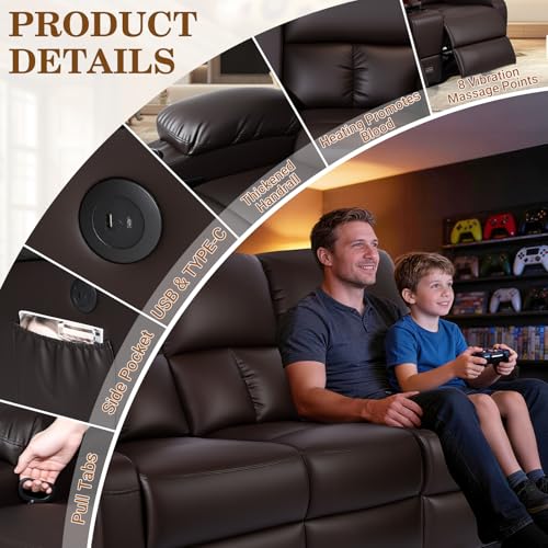 Image of CHABATREE Home Theater Seating,RV Recliner Sofa with Massage and Heat,Manual RV Recliner Loveseat with USB /Cup Holders and Side Pocket for Living Room,3 Seater Brown