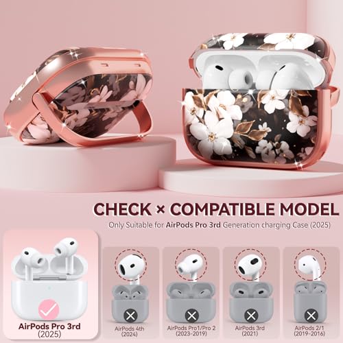 Image of Inesore for AirPods Pro 3 Case Cover 2025 with Lock-Black Gold Flower | Two-Piece Design,with Gold Keychain & Clean Pen, As Phone Stand,Support Wireless Charging,Cute Luxury Case for Women Girly