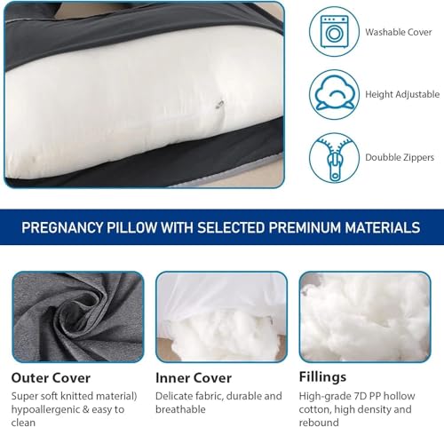 Image of Pregnancy Pillows for Sleeping, U Shaped Full Body Maternity Pillow for Pregnant Women with Removable Bean Velvet Cover, Support for Back, HIPS, Legs, Belly, 57 Inch, Black