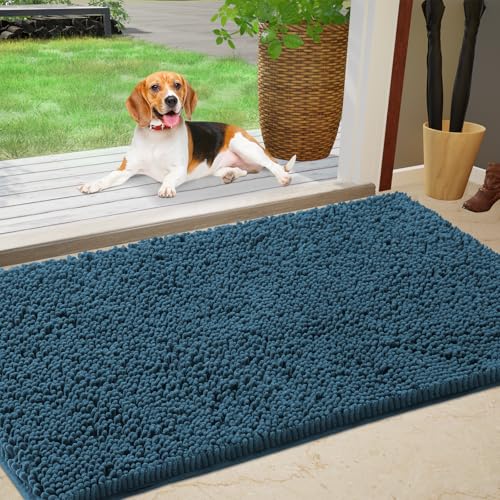 IM HOME Chenille Absorbent Outdoor Doormat 36" x 24", Washable Muddy Door Mats for Dog Non Slip Indoor Doormat Dog Mat for Muddy Paw Front Inside Doormats for Entryway Atlantic Blue