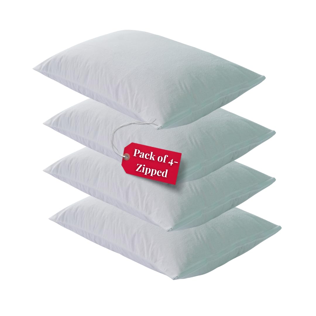 Terry Pack-4 Waterproof Pillow Protector - Soft and Comfortable Pillowcase Protectors - Anti-Allergy and Breathable Pillow Cover (4 x Terry-Zipped)