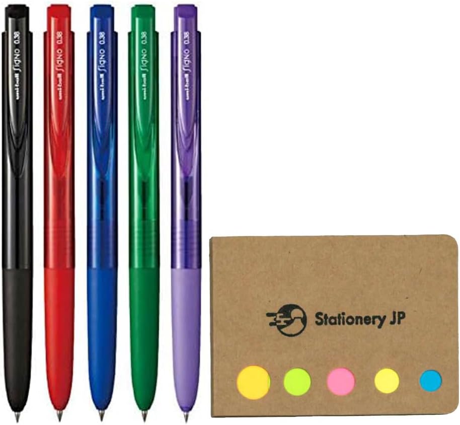 Signo RT1 Retractable Gel Ink Pen, Micro Point 0.38mm, Rubber Grip, 5 Color Ink, Sticky notes Value Set