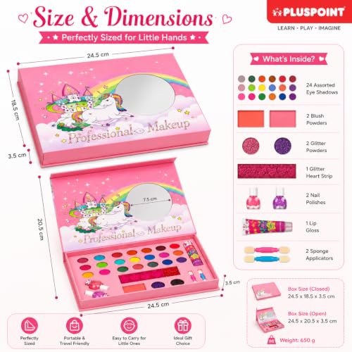 Image of PLUSPOINT Unicorn Kids Makeup Kit for Girls | Pretend Play Beauty Set | Non-Toxic Washable Makeup Toy | Eyeshadow, Blush, Lip Gloss & Accessories | Birthday Gift for Girls Age 5+ Years