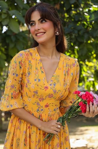 Image of Janasya Women's Georgette Floral Printed Tiered Dress
