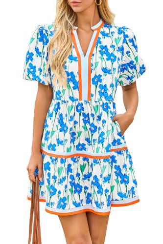 Cicy Bell Womens V Neck Floral Mini Dress Short Puff Sleeve Patchwork Summer Casual Boho Dresses Blue