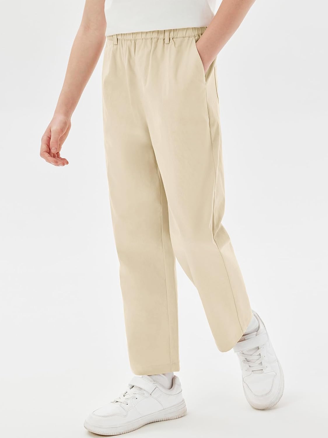 Haloumoning Boys Elastic Waist Pants Kids Uniform School Cotton Twill Trousers with Pockets 5-14 Years - Image 4