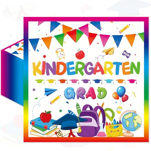 Pack of 50, Kindergarten Grad Napkins, Disposable Paper Napkins Decorations, Colorful 'Kindergarten Grad' Lettering with School Elements for Kids Graduation Party Supplies, 13x13 Inches Unfolded
