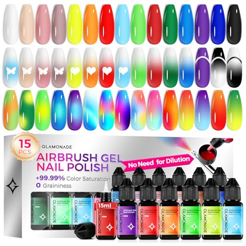 Glamonade Airbrush Gel Nail Polish: 15 Colors Kit No Clogging