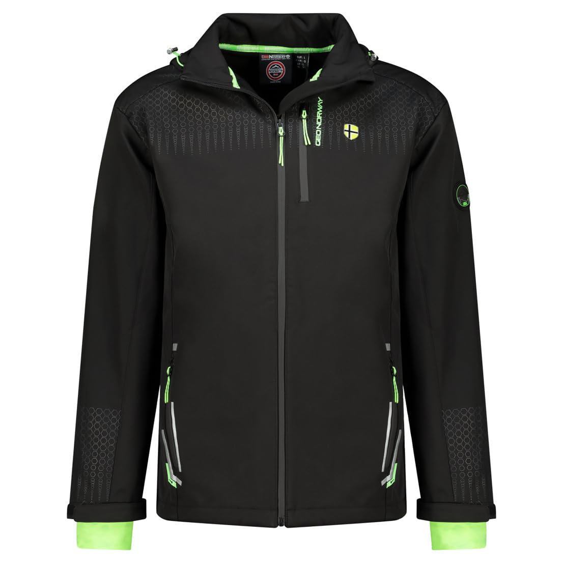 Geographical Norway Trelino Black-Green Db Men 0124 (WZ8556H/GN-Black/Green) męska kurtka outdoorowa softshell z kapturem, czarna, zamek błyskawiczny, wodoodporna i wiatroszczelna