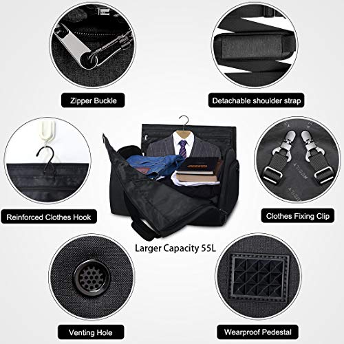 Carry On Garment Bag Convertible Large Suit Bags for Men Women Waterproof 2 in 1 Travel Duffle Bag Weekend Bag with Shoe Compartment Black