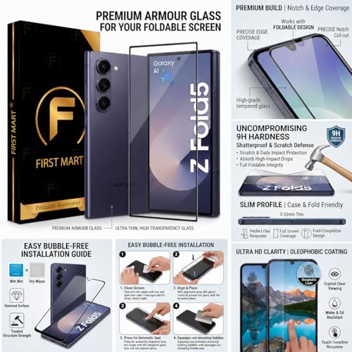 Image of FIRST MART Tempered Glass for Samsung Galaxy Z Fold 5 5G with Black Camera Ring Guard & Installation Kit | HD Clear Edge-to-Edge Screen Protector, Scratch Resistant, Case-Friendly | Pack of 1