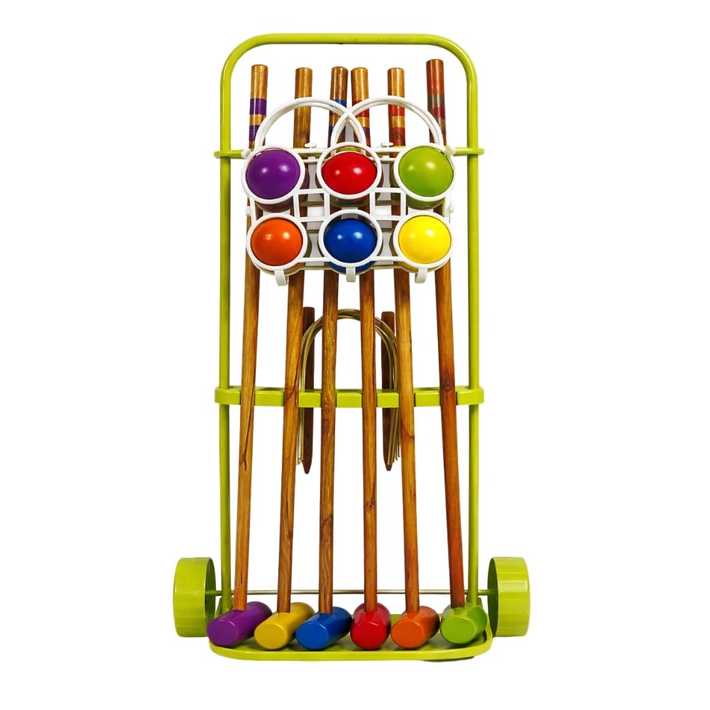 Jeu de Croquet en Bois pour 6 Joueurs, Set Complet avec Chariot de Transport, 6 Maillets, 6 Boules, 8 Arceaux Métalliques, pour Jardin et Extérieur