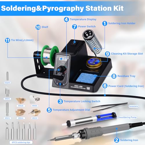 Miniatura 2 de 60w Estacion De Soldadura,Kit De Soldador,Estacion De Soldadura Estaño 90-480 Temperatura Ajustable Con 6 Pcs Punta Soldador,Soporte De Rodillo Extraíble