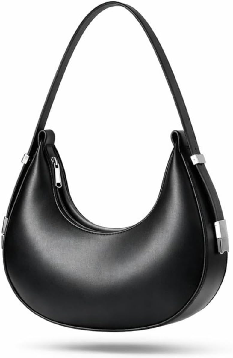 Bolsa Feminina Meia Lua Preta Couro Sintético Leve Clássica Versátil Alça Ajustável Zíper