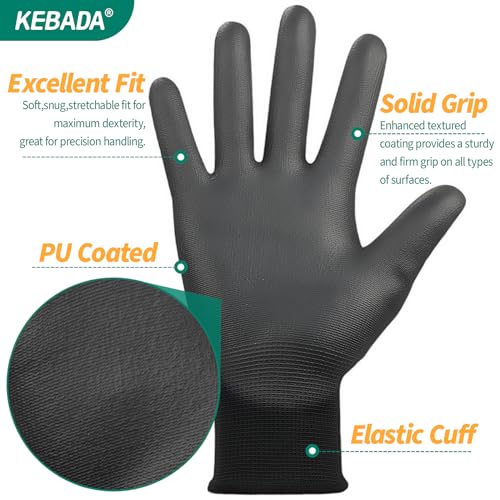 Image of Kebada W1 Safety Work Gloves, PU Coated Touch Screen Work Gloves with Grip, Bulk Pack Working Gloves for Warehouse, Construction, Gardening and Mechanic Use, Black, 50 Pairs, XXL