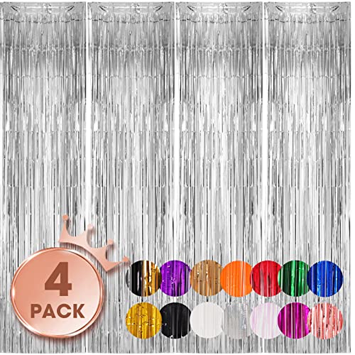 Image of Voircoloria 4 Pack Silver Foil Fringe Backdrop Curtains, Tinsel Streamers Birthday Party Decorations, Fringe Backdrop for Graduation, Baby Shower, Gender Reveal, Disco Party