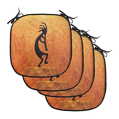 Lunarable Retro Chair Cushion Pads Set of 4, Kokopelli Character Print on Grunge Background, Anti-slip Seat Padding for Kitchen & Patio, 16