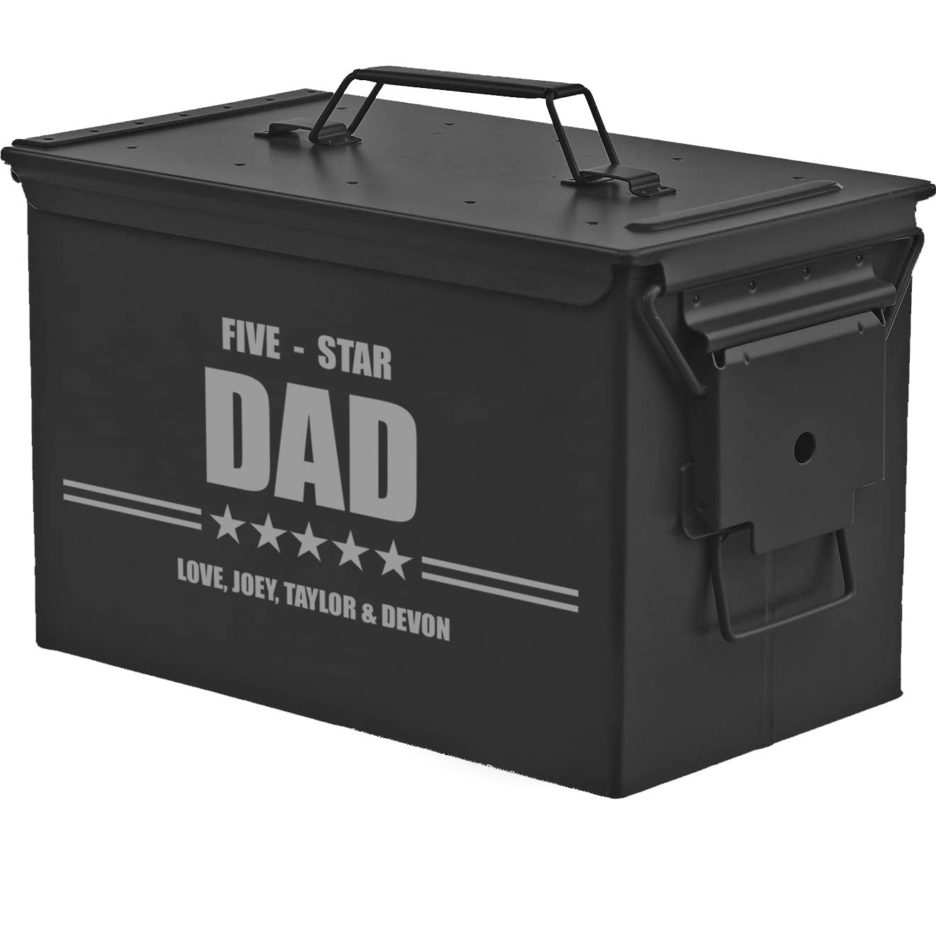 Custom Engraved Ammo Box Metal Ammunition Case Steel Storage Can Personalized Five Star Dad (50 Caliber, Black)