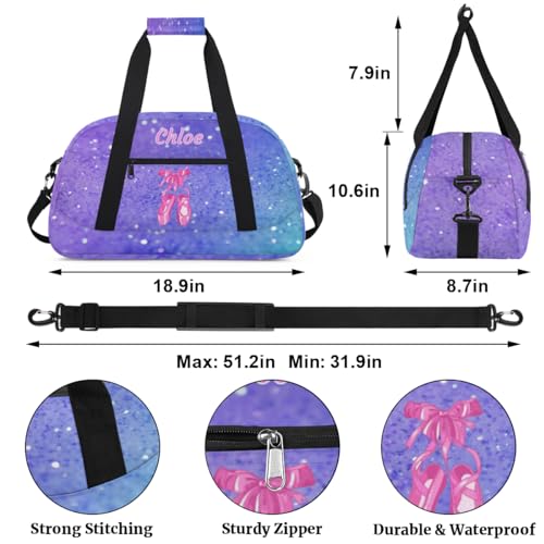 Custom Sports Ballet Dance Bag, Personalized Gym Cheerleaders Duffel Bag Travel Weekender Tote Carry-On Swimming Bag, Pink Ballet Shoes, Purple Glitters Bling2