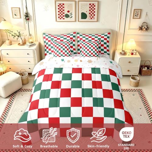Image of Feelyou Checkered Christmas Comforter Set with Sheets 7 Piece Twin Size Red Green Plaid Bedding Set for Kids Boys Girls Geometric Vintage Bed in a Bag Modern Simple Groovy Aesthetic Room Decor Soft