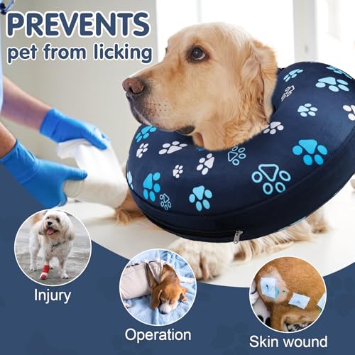 Image of BEAUTYZOO Dog Cone Alternative After Surgery for Large Medium Small Dogs, Soft Inflatable Cone Collar for Dogs Cats, Pet Neck Donut E Collar Dog Recovery Collars to Stop Licking, Navy Blue Paw L