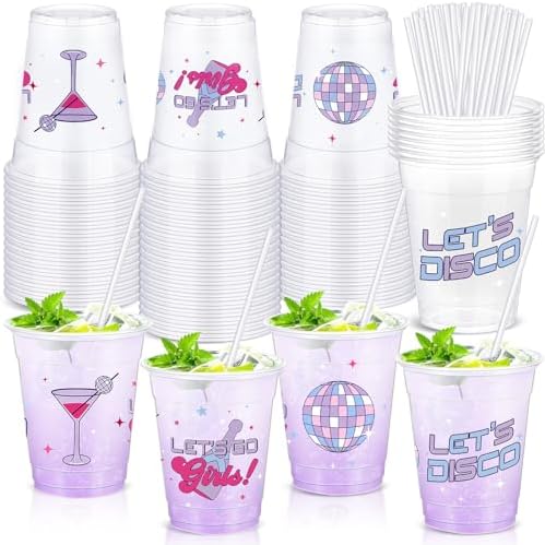 Foldtier 50 Pcs Carnival Party Plastic Cups 12 Oz Disposable Plastic Cups With Straws And Lids Circus Clear Cup Birthday Cups Su
