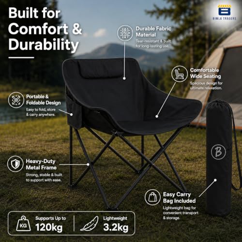 Image of Foldable Camping Chair with Carry Bag, Portable Outdoor Folding Chair for Camping, Picnic, Garden and Travel, Heavy Duty Metal Frame.(FURNTR002 Black)