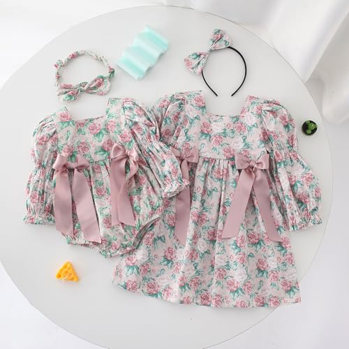 Sisters Matching Dresses with Bow Headband Little Girls Long Sleeve Floral Dress Newborn Baby Romper2