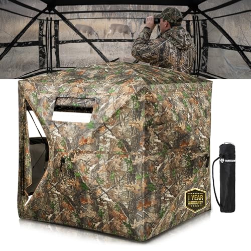 HUNTSEN Hunting Blind 270° See Through 2-3 Person Ground Blind Pop Up Hunting Tent with Carring Bag - Portable Durable for Turkey and Deer Tent